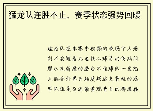 猛龙队连胜不止，赛季状态强势回暖